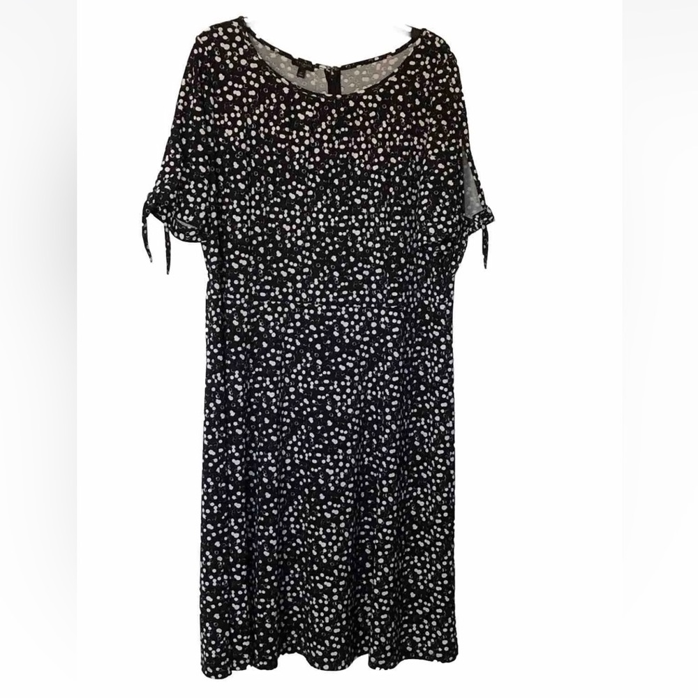 Talbots Woman Plus Size Dress 1X Black Print Career Slit Tie Sleeves Stretch